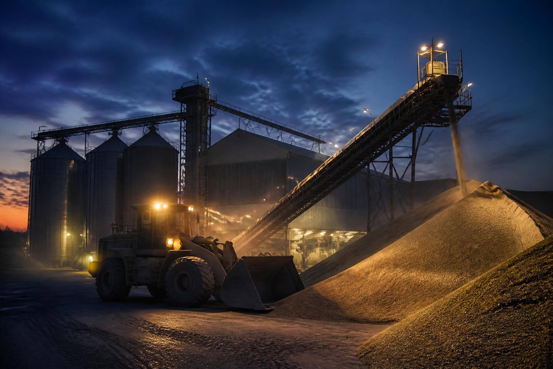 Bulk commodity storage and handling facility at dusk with conveyor and loader