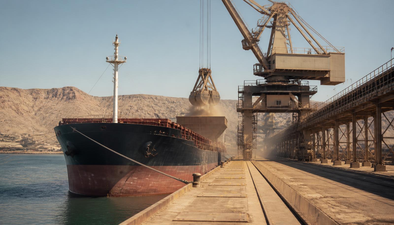 Unbranded bulk carrier discharging dry bulk by grab crane at an arid Red Sea industrial berth
