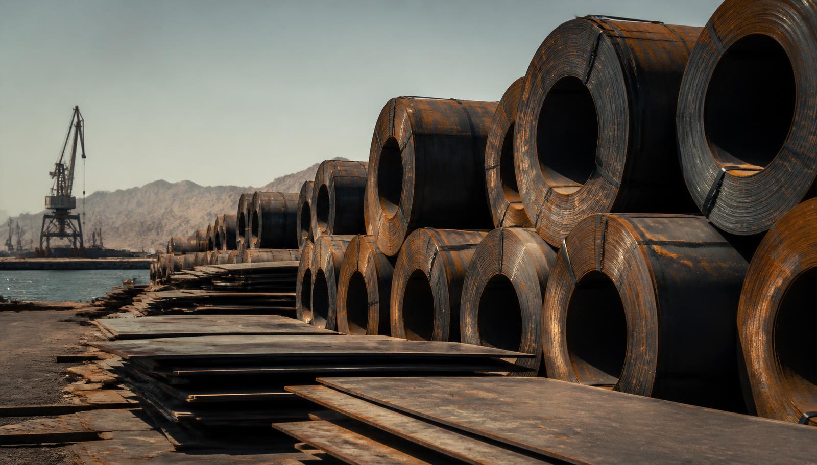 Corroded steel coils and plates stacked on a quayside in an arid Red Sea industrial port