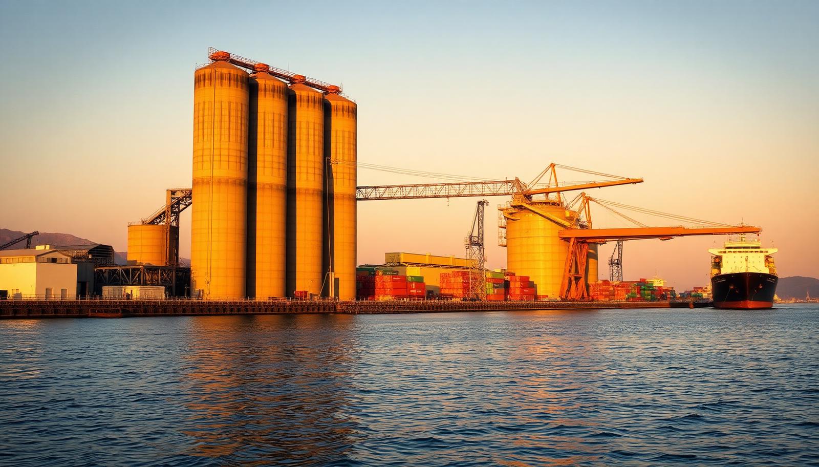 Mediterranean dry-bulk grain terminal with concrete silos and conveyor gantries at dawn