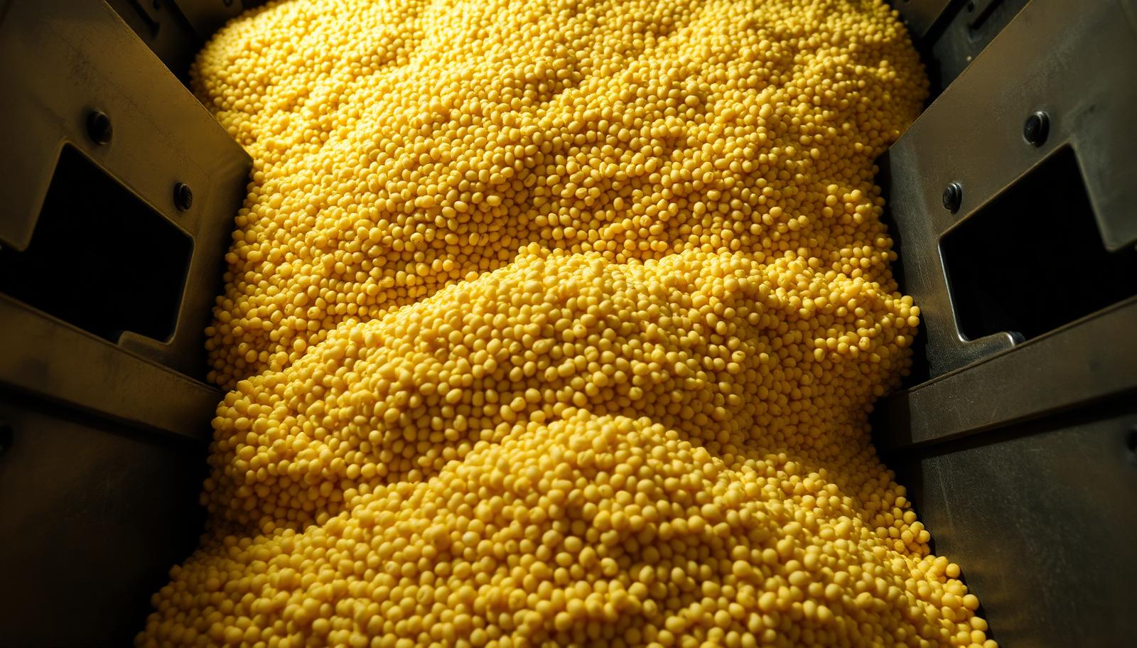 Heaped maize kernels in the hold of a bulk carrier under a single work light