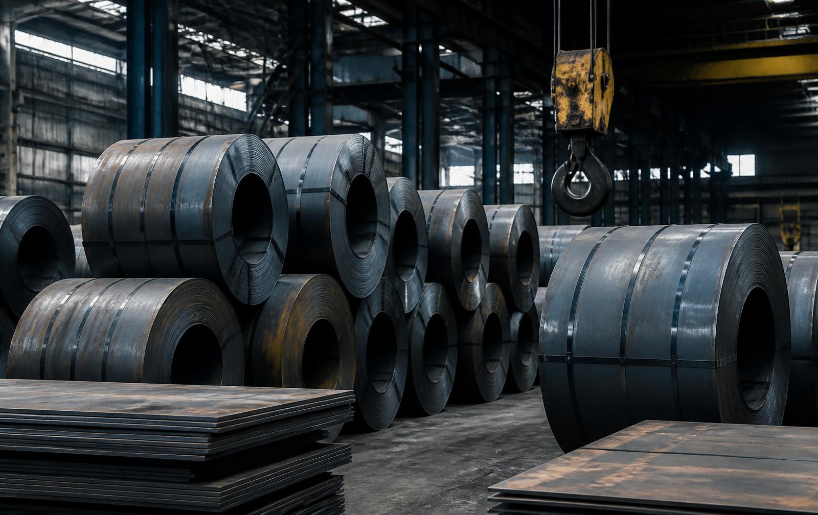 Stacked steel coils and steel plates with surface rust in a port breakbulk warehouse
