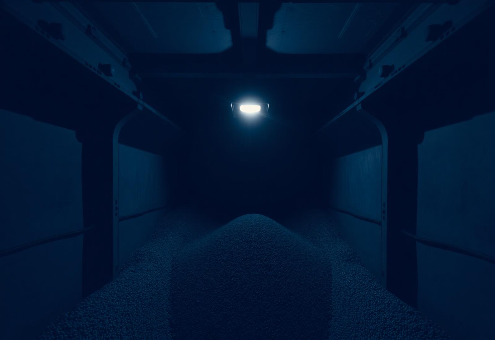 Bulk cargo heaped inside the hold of a bulk carrier under a single work light