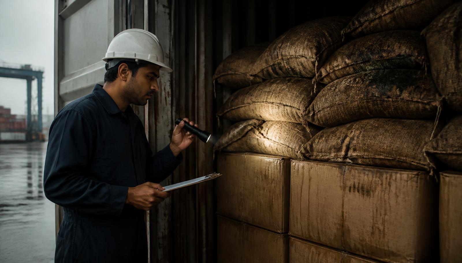 Cargo surveyor inspecting mould-stained sacks and water-marked cartons at an open container door in a humid tropical port