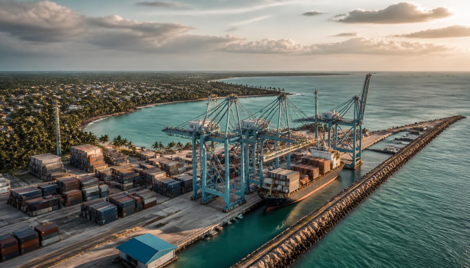 Aerial view of a tropical Indian Ocean container terminal with unbranded containers and gantry cranes at golden hour