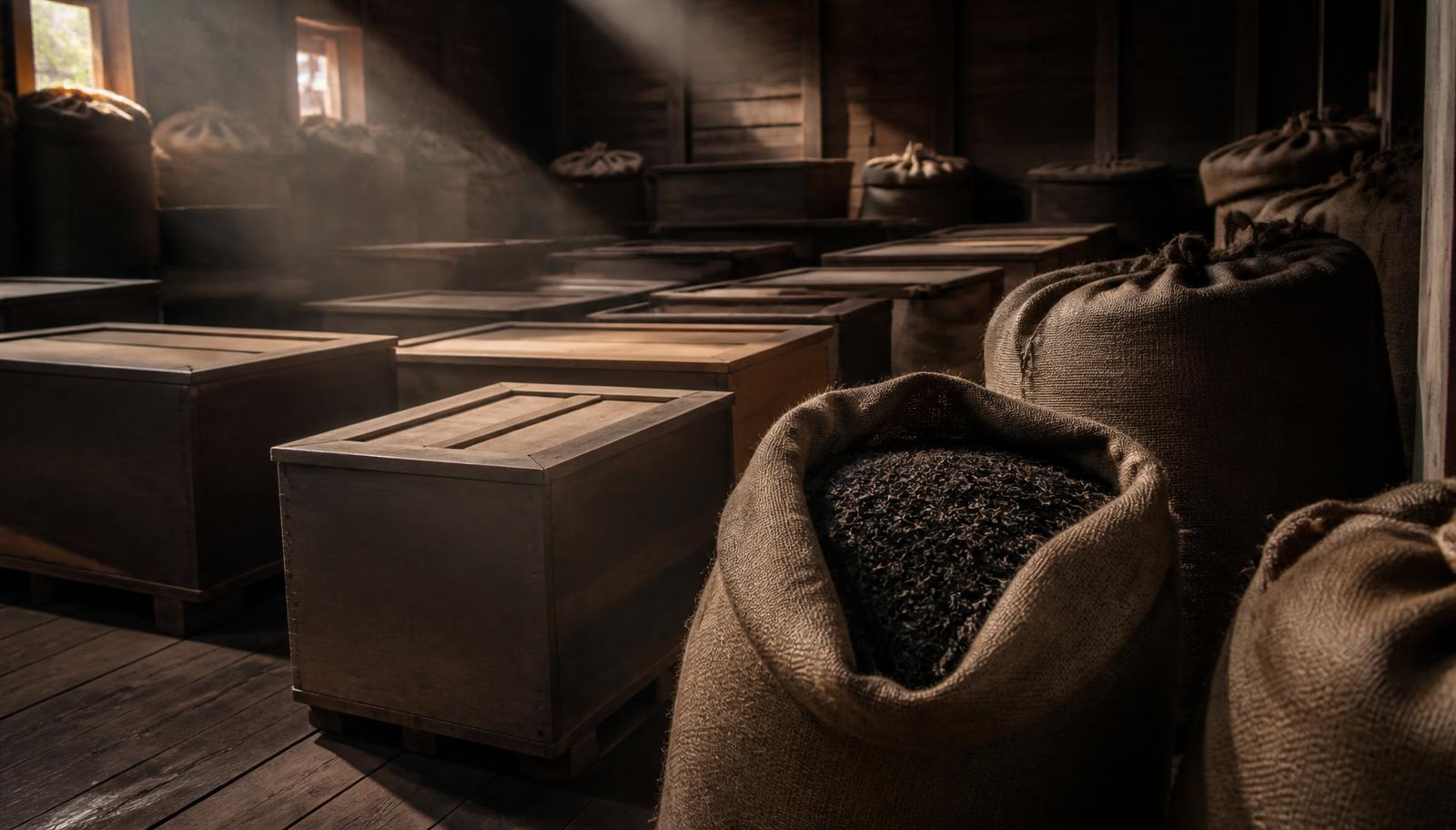 Unmarked wooden tea chests and jute sacks of loose black tea in a dim tropical warehouse
