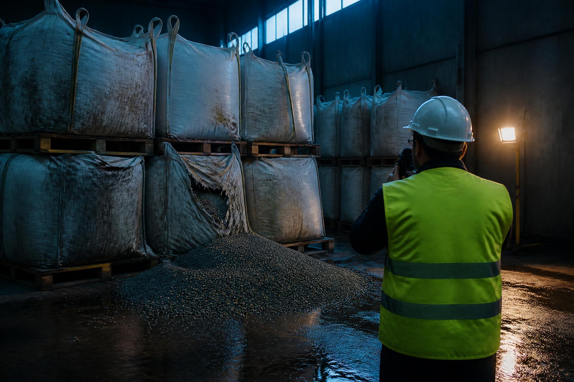 Surveyor inspecting damaged bagged cargo in a port warehouse