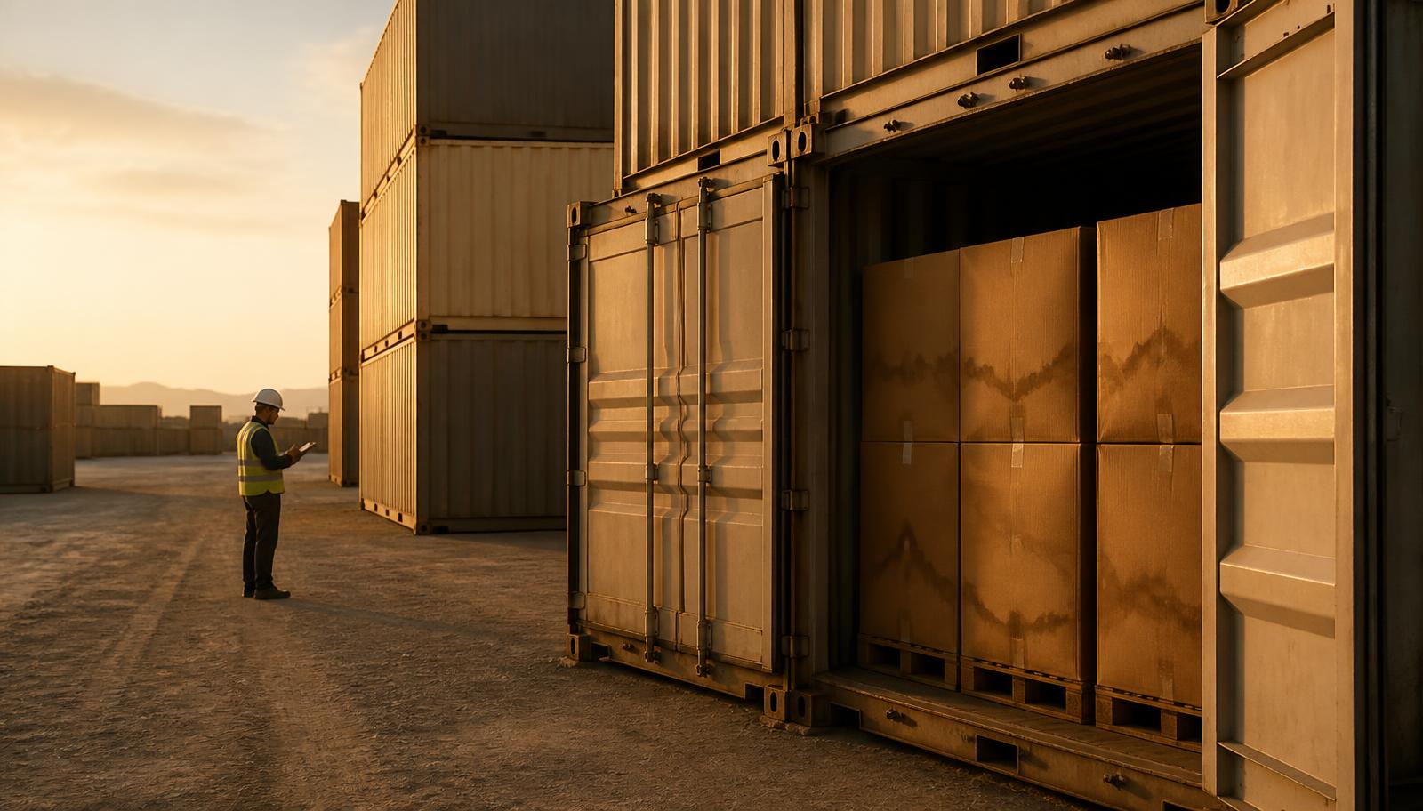 Unmarked shipping containers on a dusty terminal yard at golden hour with one door open showing water-stained cartons and an inspector nearby