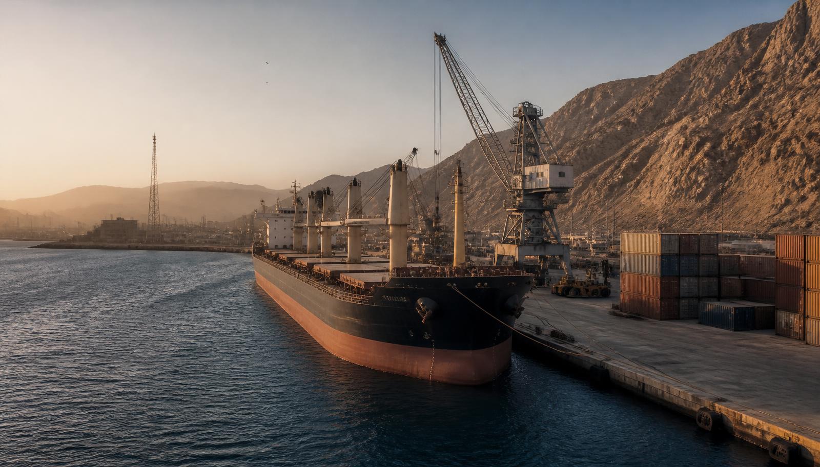 Arid Red Sea coastal port at dawn with a plain unmarked bulk carrier at berth and unbranded cranes against desert hills