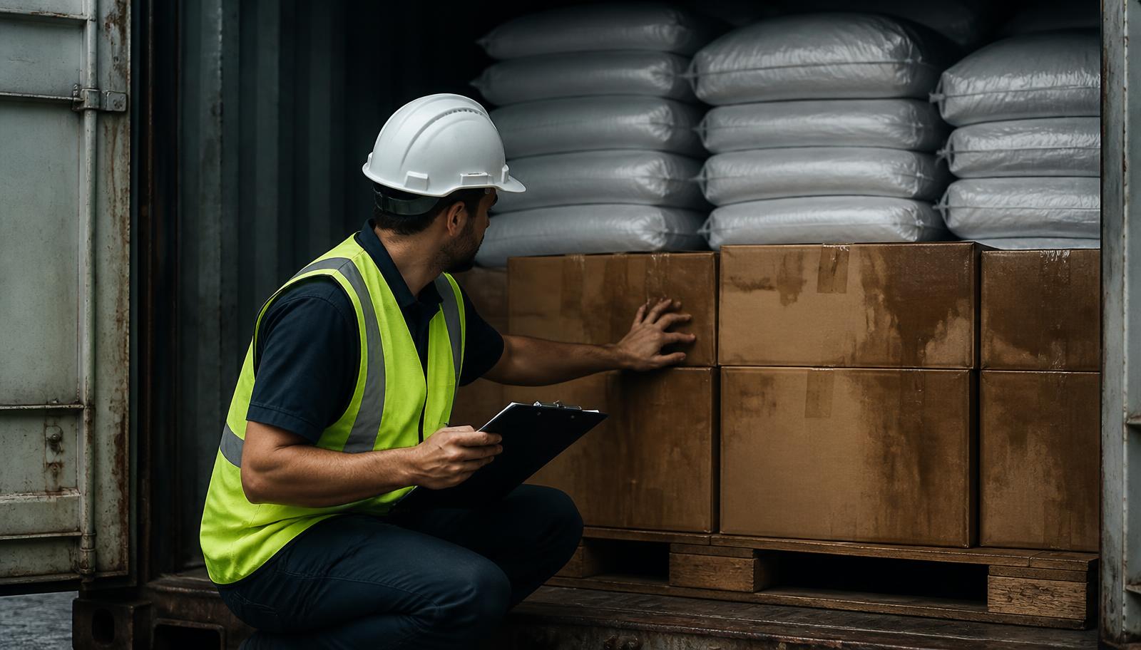 Surveyor in plain hi-vis vest inspecting water-stained cartons and unmarked white polymer bags inside an open shipping container
