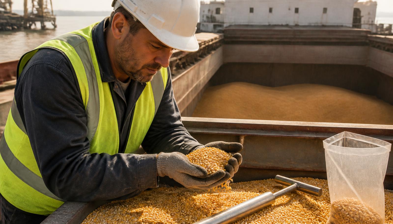 Surveyor taking a sample from a bulk agricultural cargo for laboratory analysis