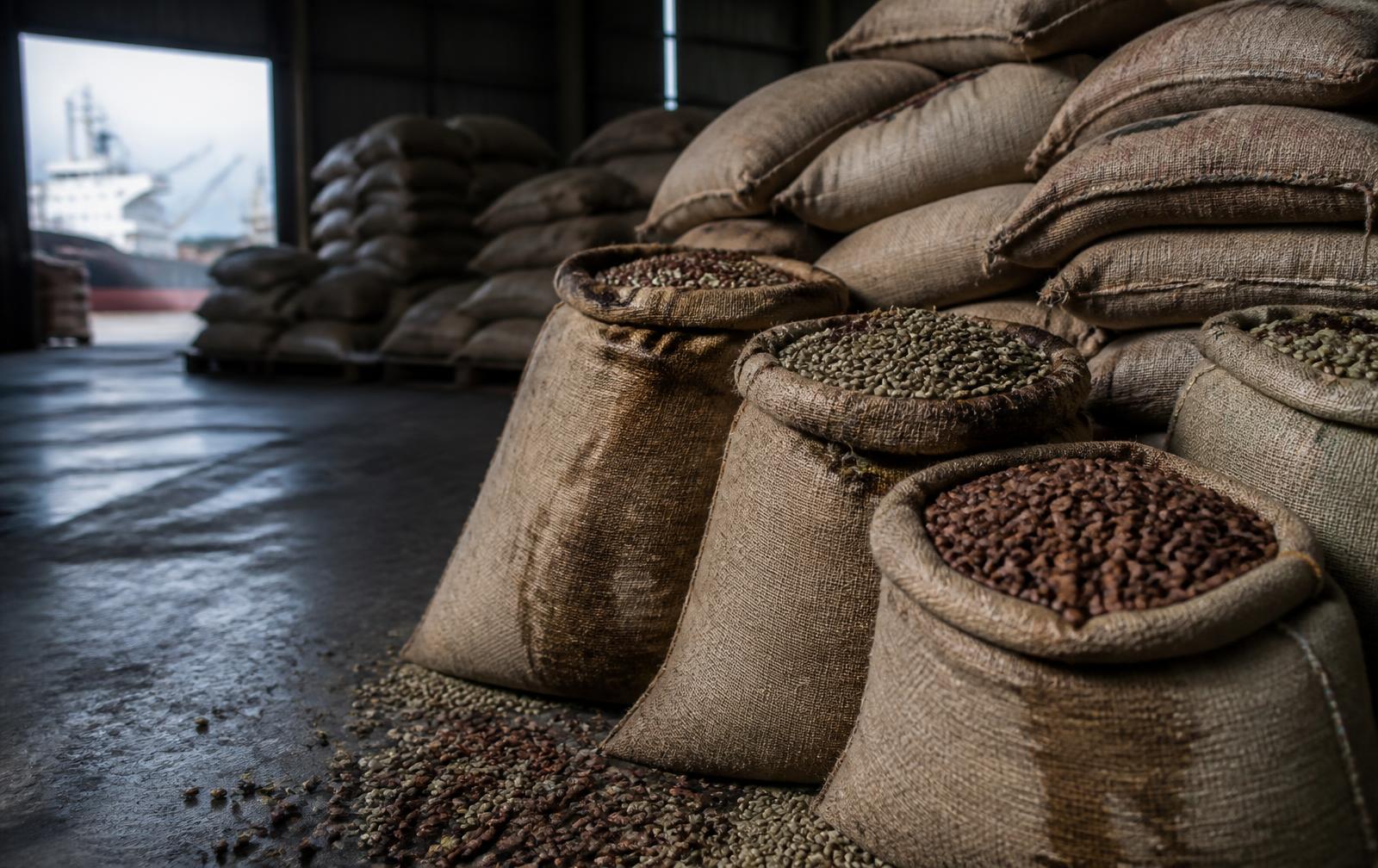 Jute sacks of green coffee and cocoa beans stacked in a port warehouse, some water stained