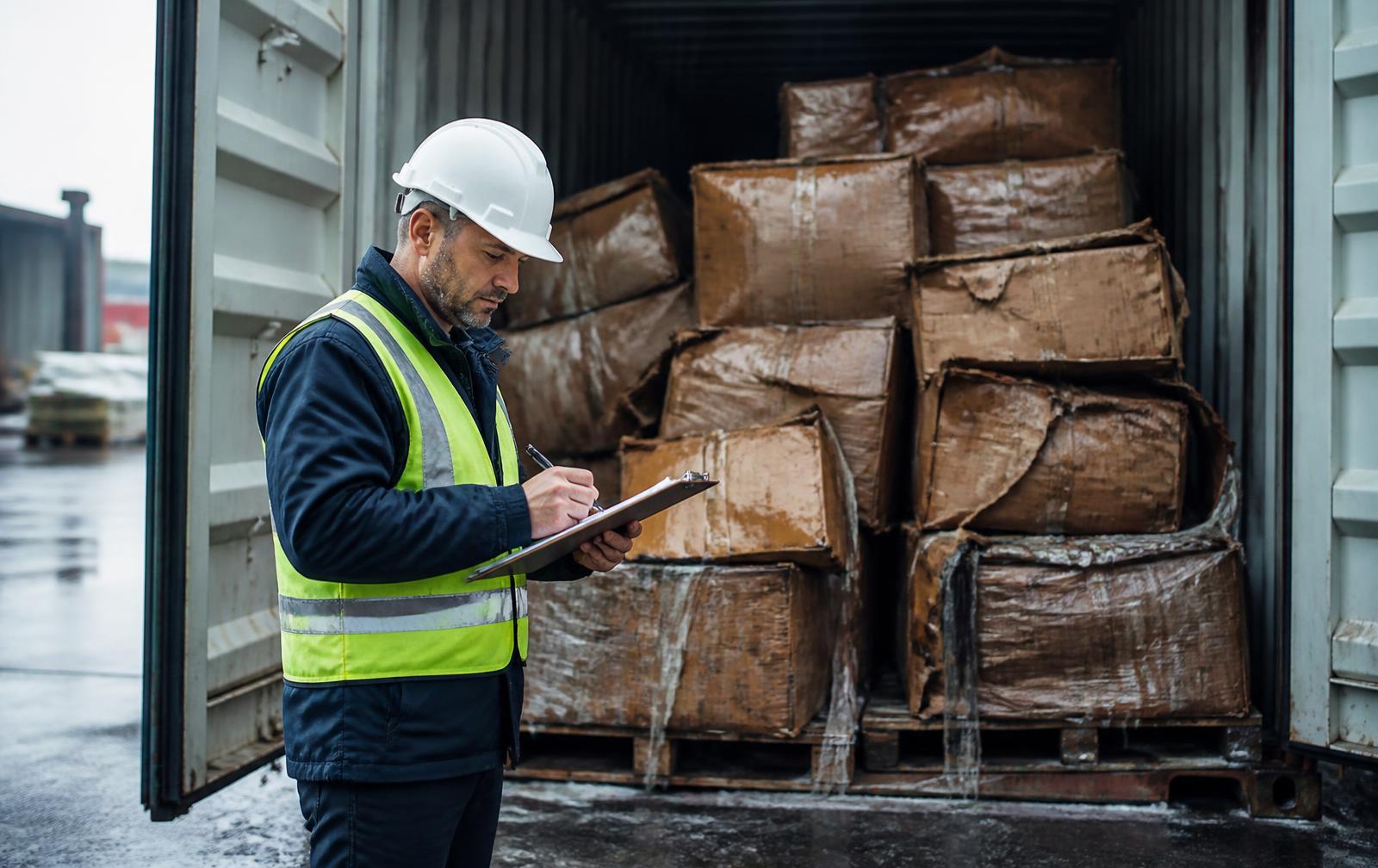 Cargo surveyor inspecting water-damaged cartons inside an opened shipping container at a port