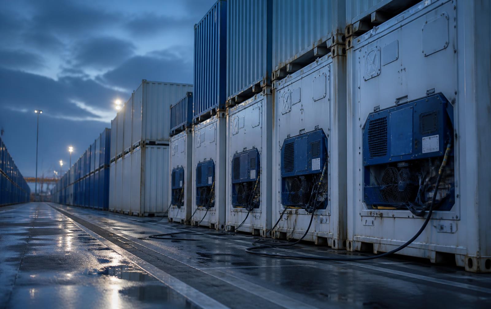 Row of plugged-in refrigerated containers at a container terminal at blue hour