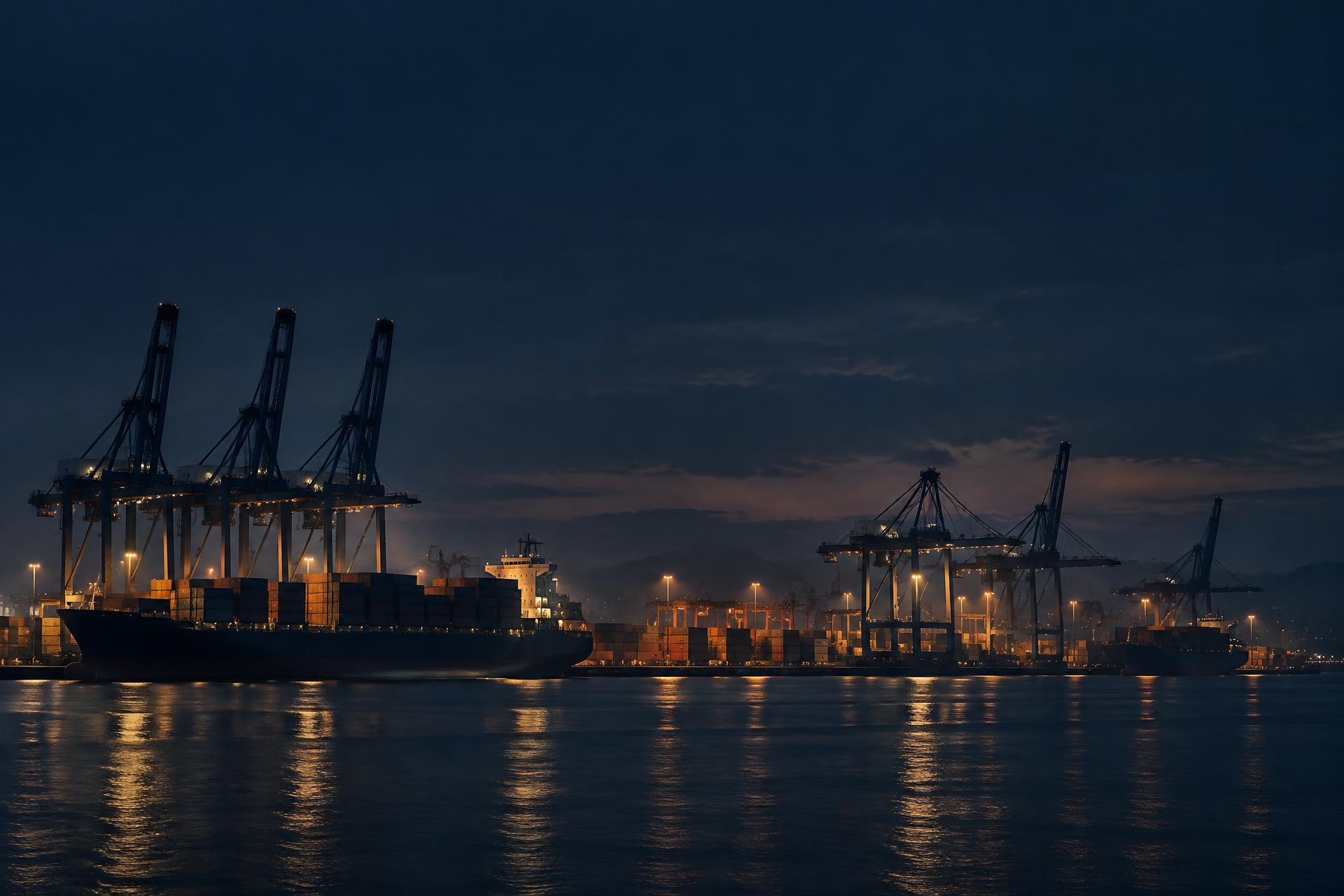 International container terminal at blue hour with gantry cranes and stacked containers