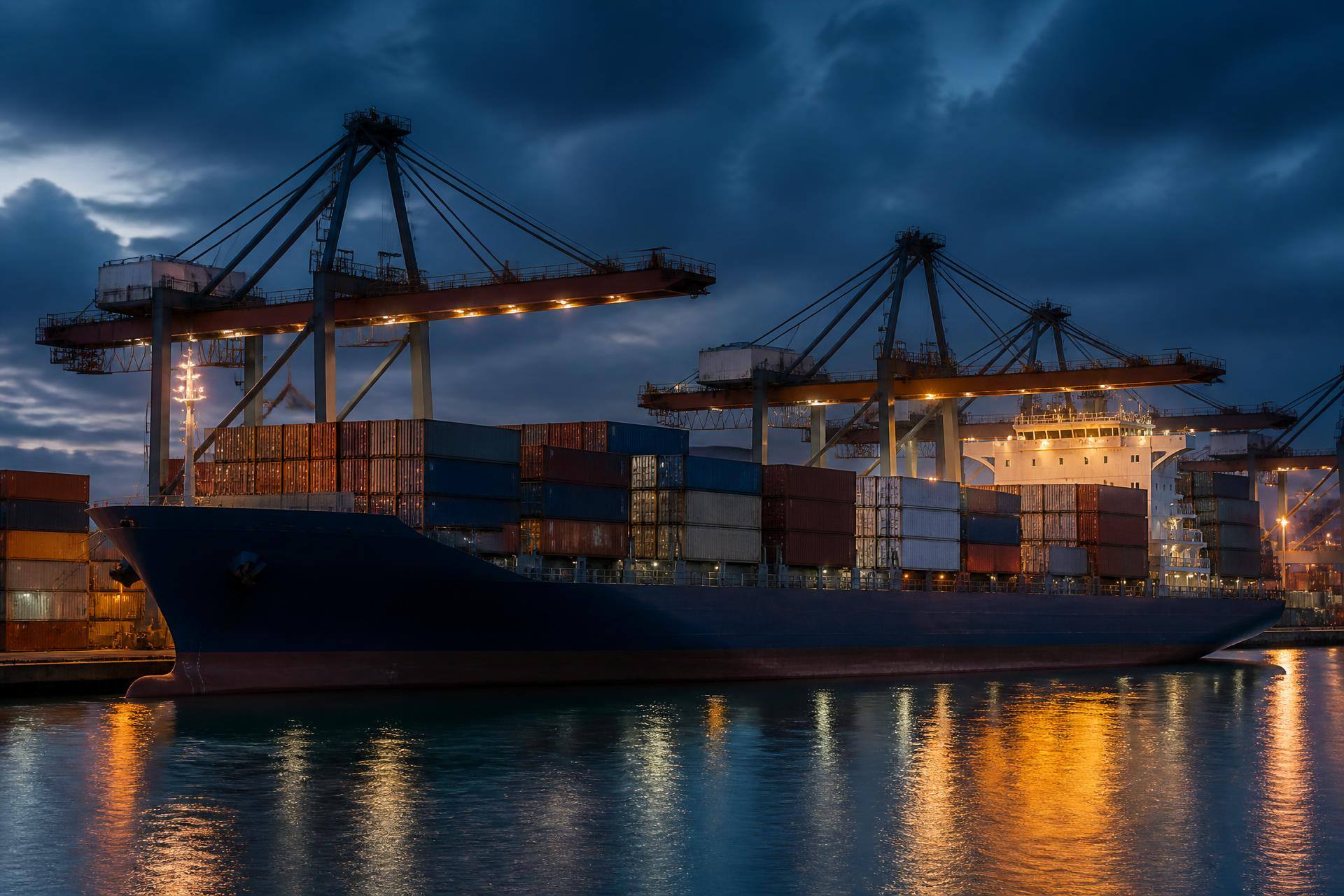International container terminal at blue hour with gantry cranes and stacked containers