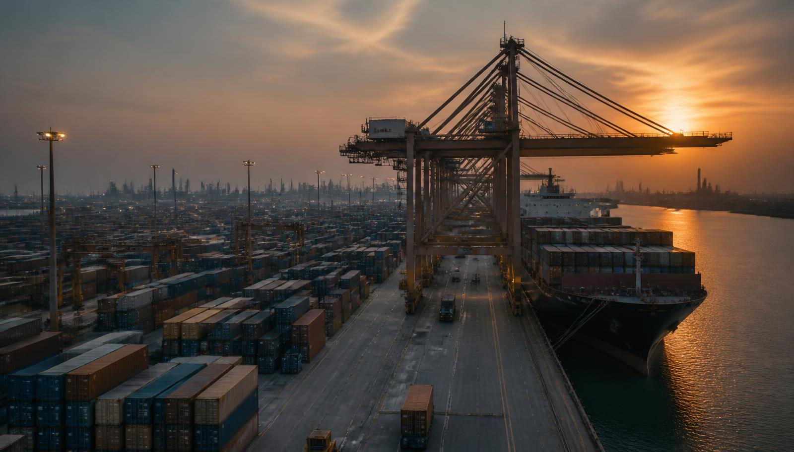 Unbranded container terminal in a Gulf port at dusk with stacked containers and gantry cranes