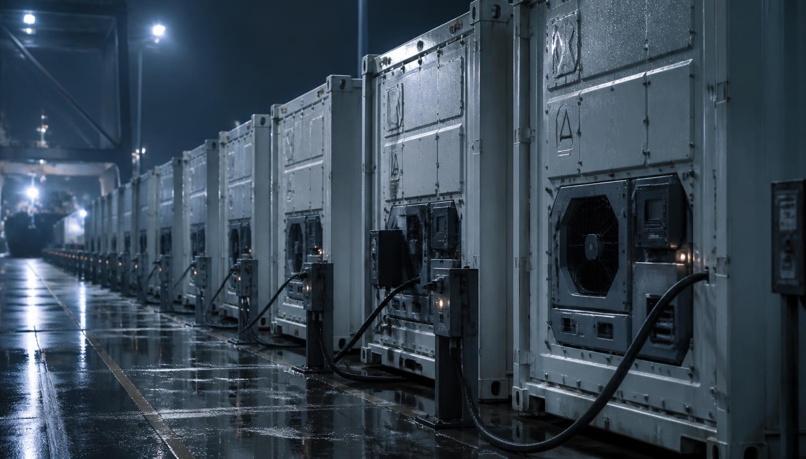 Row of unbranded refrigerated containers plugged into reefer power points in a port yard at night