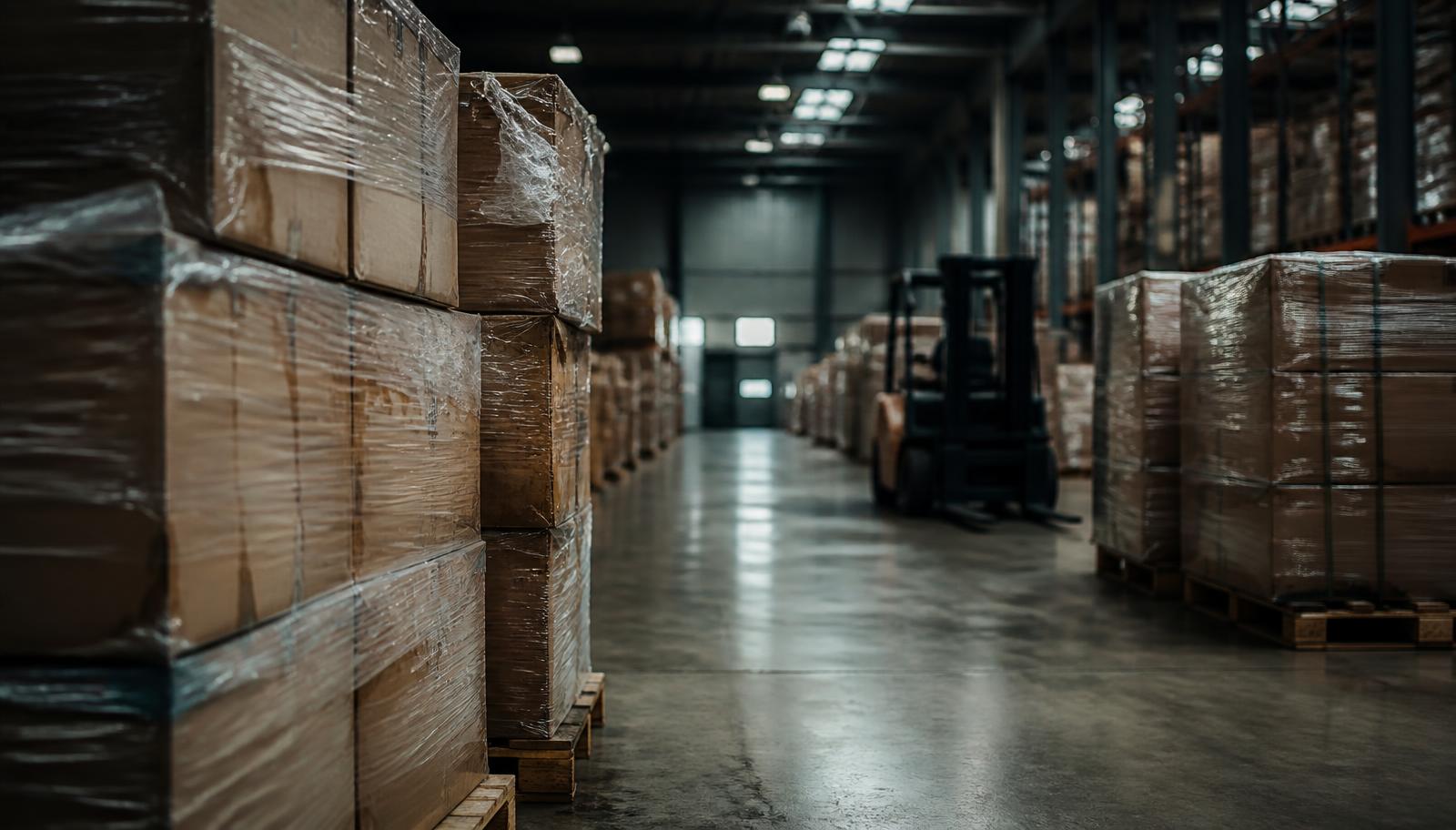 Palletised unbranded cartons and shrink-wrapped inventory in a large logistics warehouse
