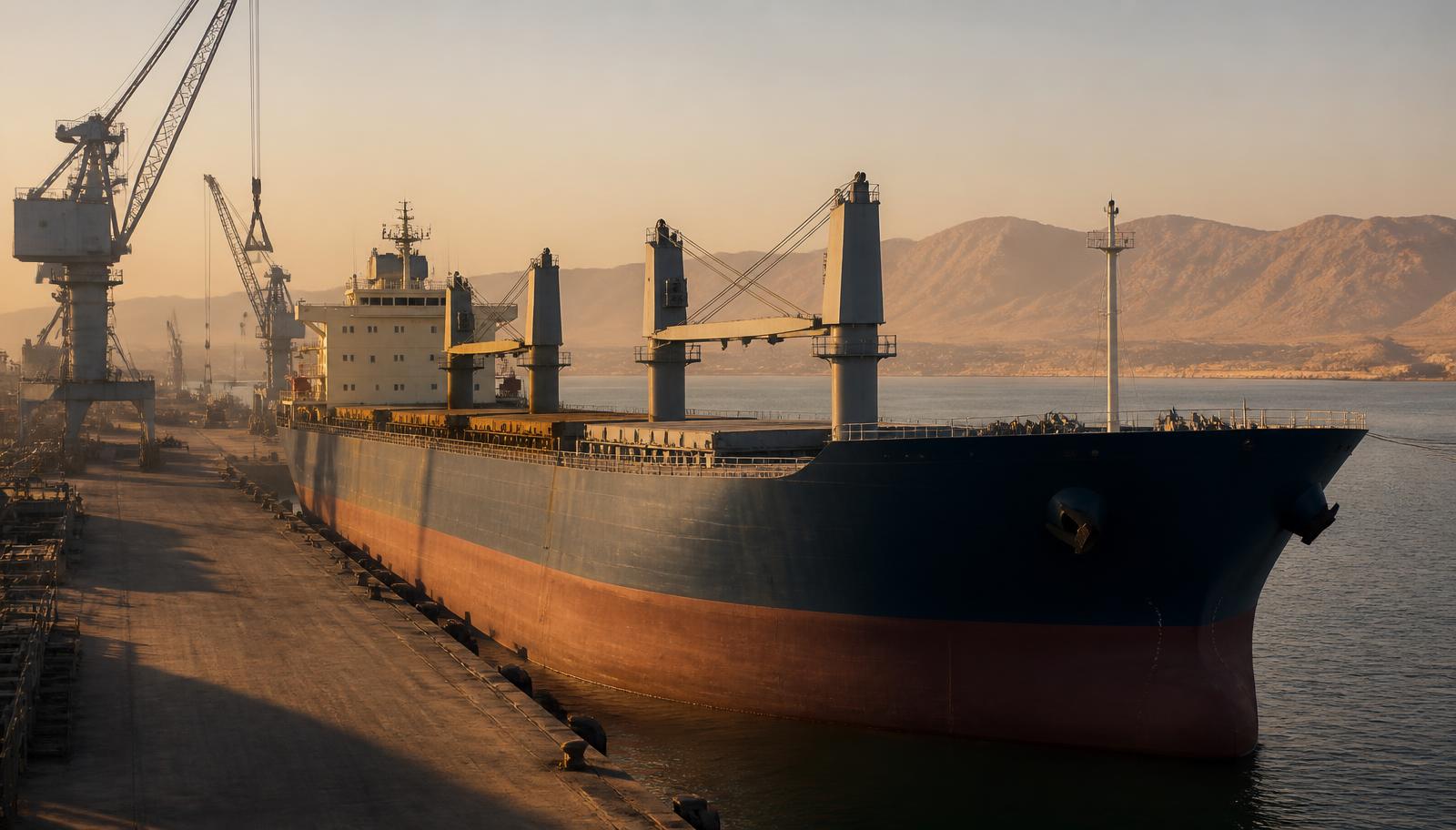 Brand-neutral bulk carrier alongside a Red Sea port terminal at sunrise