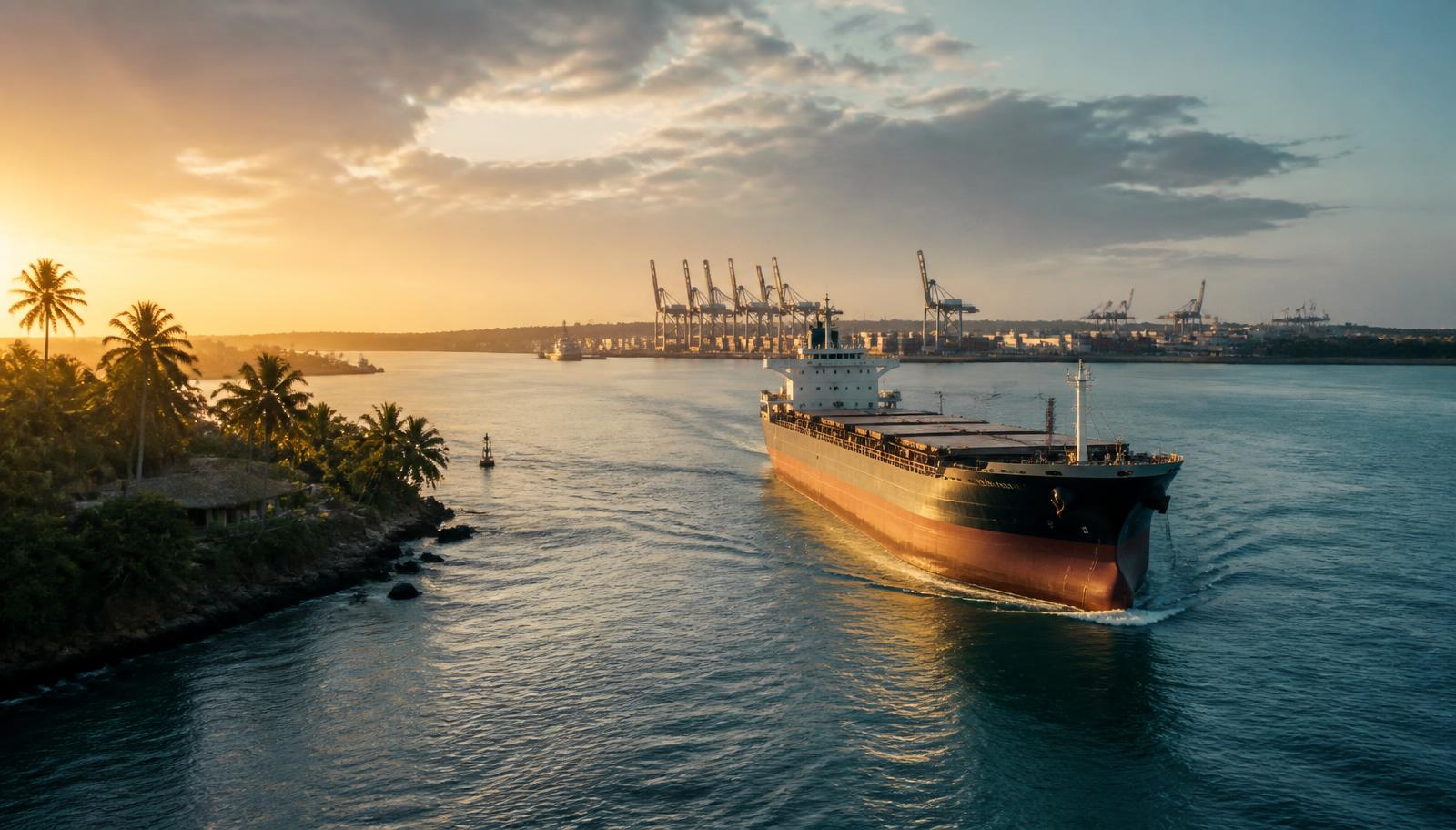 Tropical East African harbour entrance at sunrise with a plain unmarked bulk carrier inbound and unbranded gantry cranes in the distance