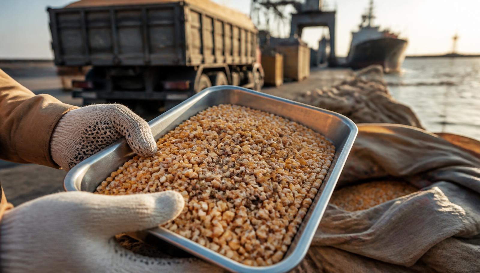 Gloved hands holding a stainless sampling tray of maize kernels with discoloured grains on a quayside