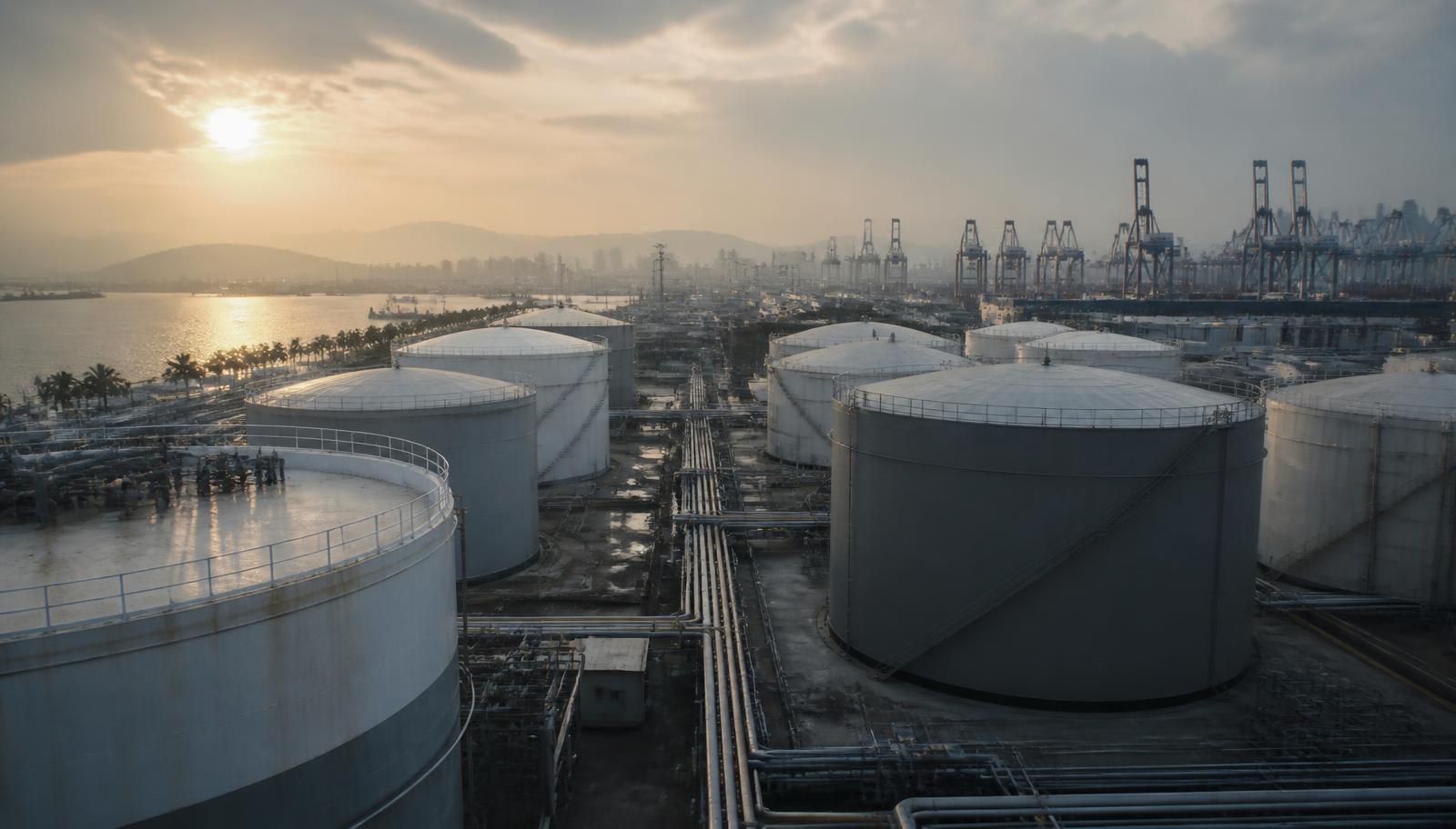 Bulk liquid storage tanks and pipework at a tropical port terminal at first light