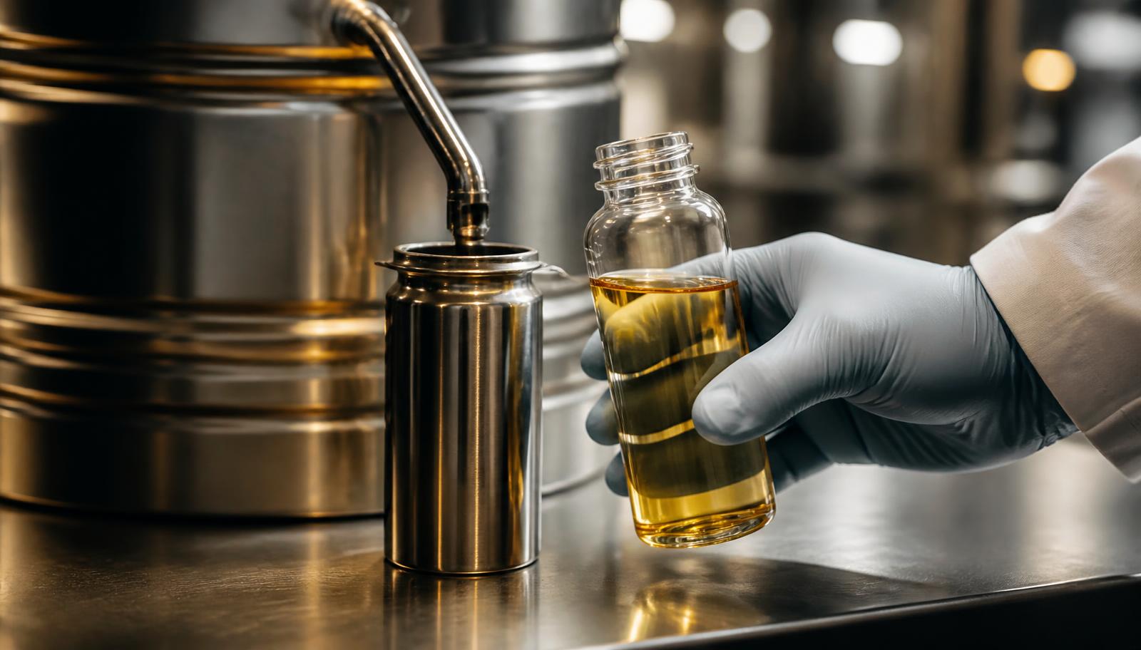 Gloved hand holding a glass sample bottle of golden vegetable oil beside a stainless sampling can