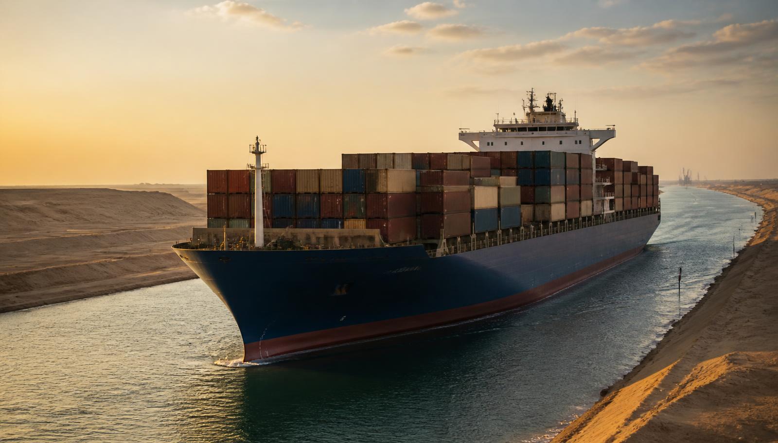Unbranded container vessel transiting a desert canal waterway at sunrise