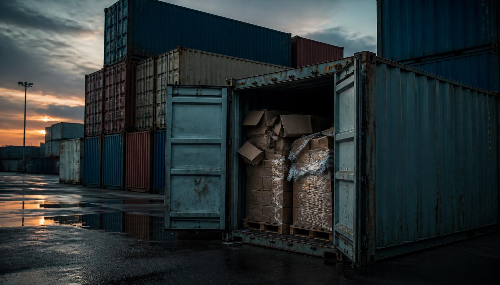 Stacked unbranded shipping containers in a transshipment yard at dusk, one open showing damaged cartons
