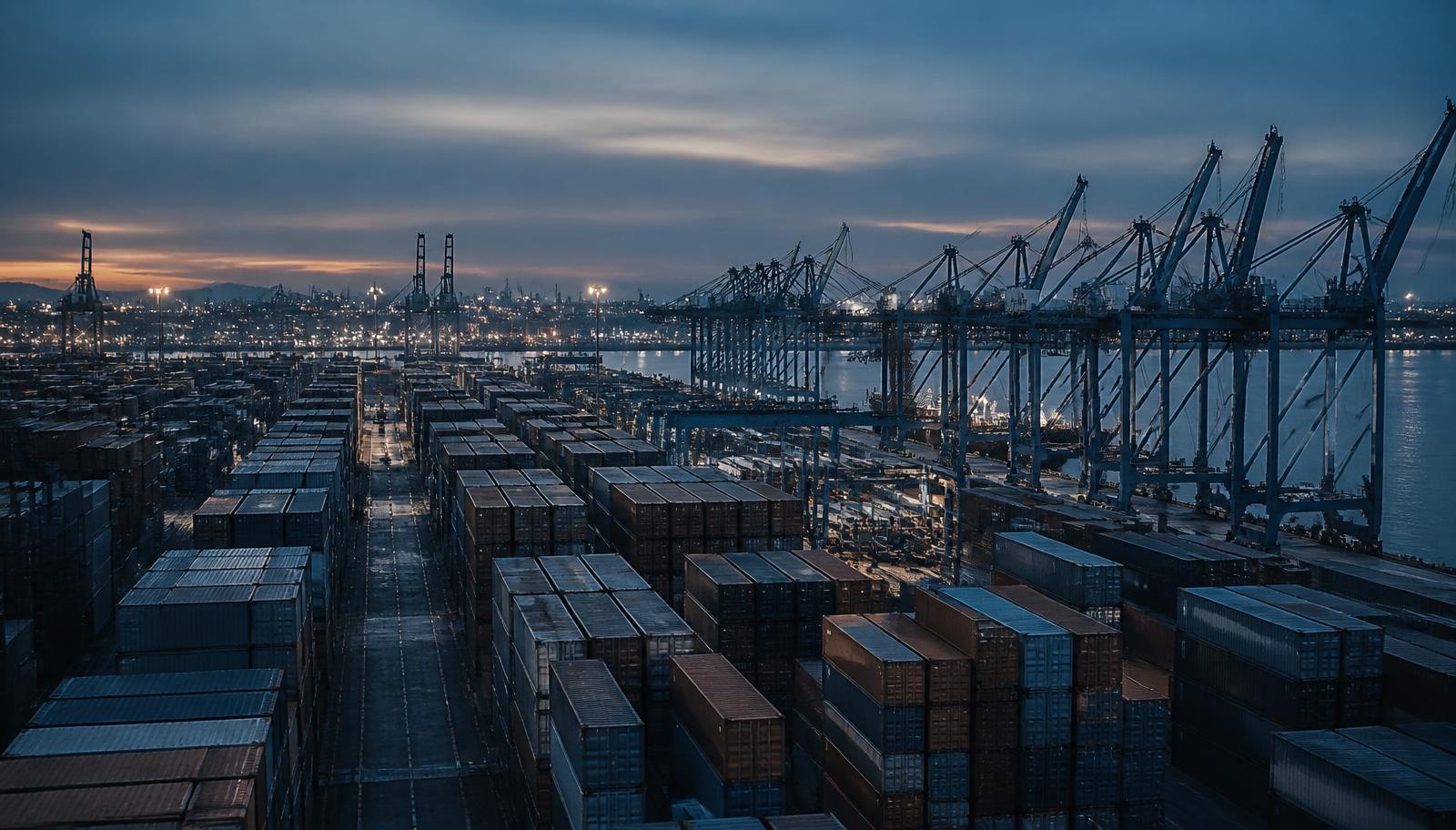 Container terminal at dusk with rows of stacked unbranded containers and gantry cranes