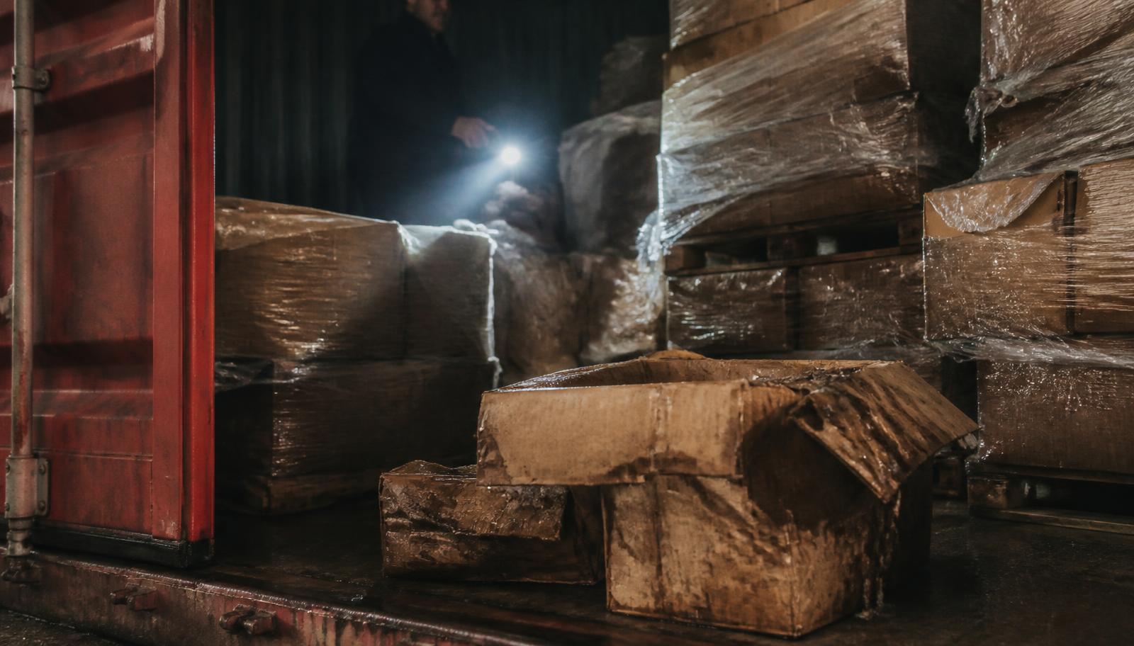 Water-damaged unbranded cartons and shrink-wrapped pallets inside an opened container during inspection