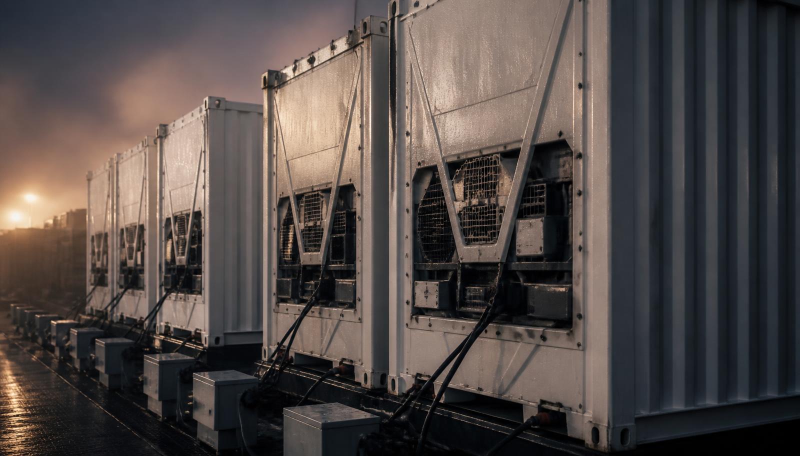 Row of plain reefer containers connected to terminal power sockets in evening haze