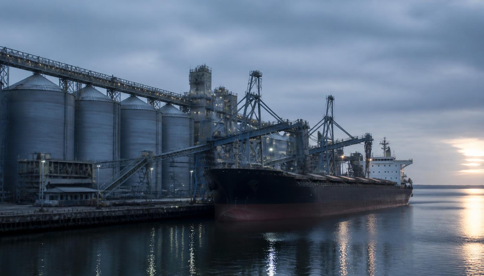 Dry-bulk terminal with grain silos and conveyor gantries alongside a bulk carrier at dawn