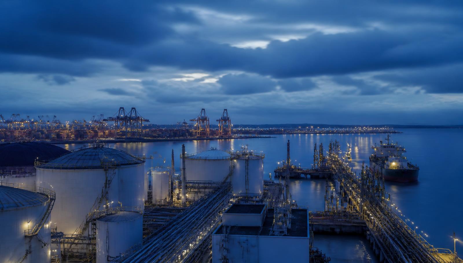 European petrochemical port cluster at blue hour with storage tanks, pipe racks and distant container terminal