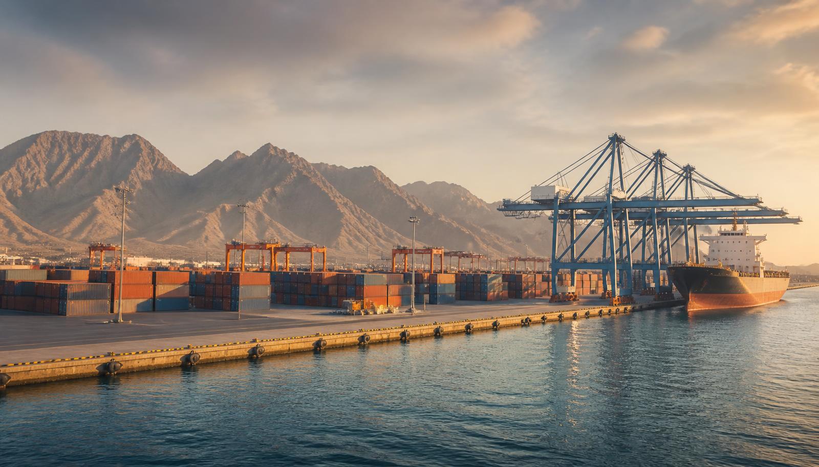 Arid Arabian coastline container terminal at first light with unbranded containers, gantry cranes and desert mountains behind