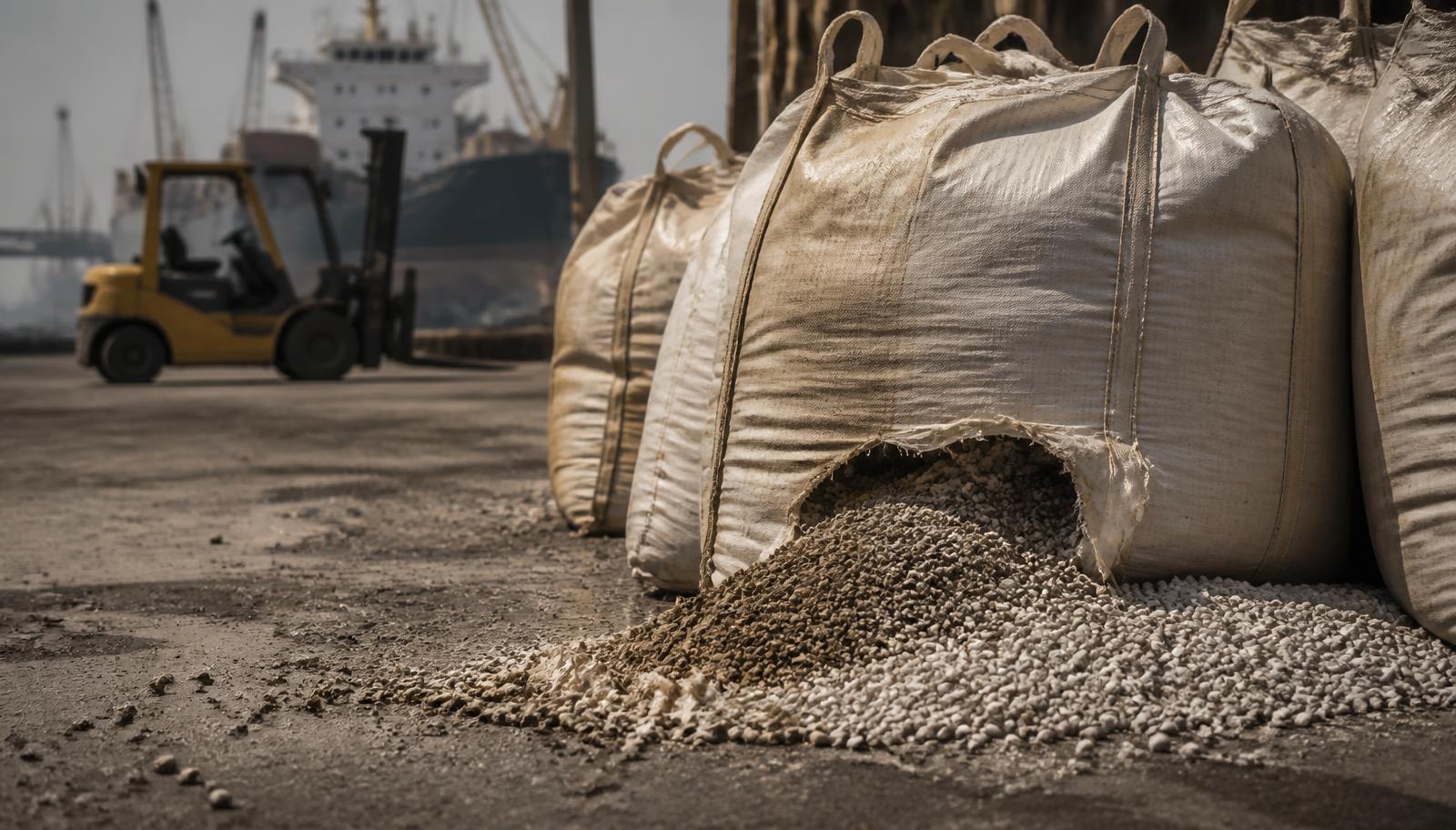 Torn unmarked big bags of fertiliser and mineral granules spilled on a dusty port apron with a forklift in the background