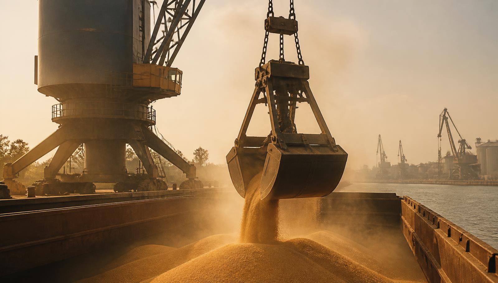 Grab crane discharging maize grain into a barge hold at a dry bulk terminal in warm dusty light, no visible branding
