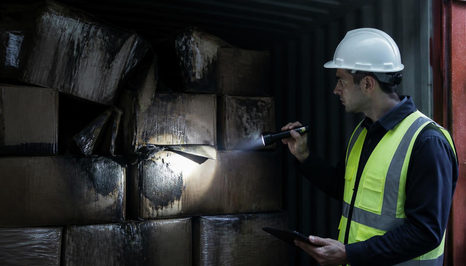Cargo surveyor with a torch inspecting fire and water damaged cartons inside an opened container
