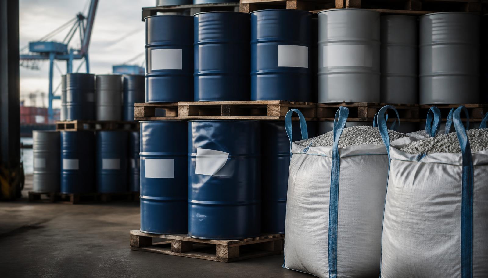 Unbranded chemical drums and bulk bags of polymer granules stacked in an industrial port warehouse